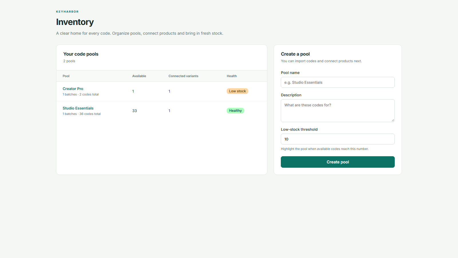 KeyHarbor inventory showing code pools, available stock, connected variants and low-stock status